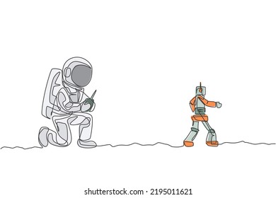 One continuous line drawing of astronaut playing robot radio control in moon cosmic galaxy. Outer space hobby and lifestyle concept. Dynamic single line draw graphic design vector illustration