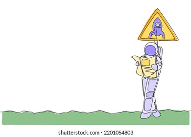 One continuous line drawing of astronaut standing and leaning to sign board while reading newspaper in moon surface. Space man deep space concept. Dynamic single line draw design vector illustration