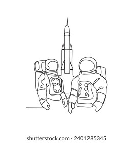 One continuous line drawing of An astronaut with an Apollo background is preparing to travel to space vector illustration. Astronaut design illustration simple linear style vector concept. 