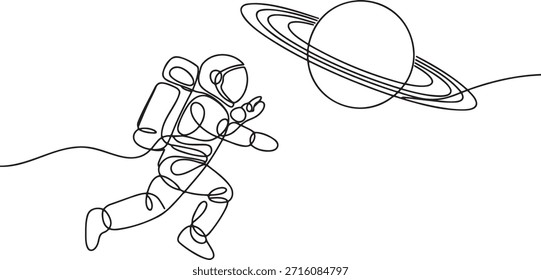Un dibujo de línea continua de un astronauta corriendo en el espacio cerca del planeta Saturno. Exploración espacial y concepto de ciencia ficción. Diseño minimalista de arte lineal para temas cósmicos y viajes futuros. Hombre del espacio flotando en gravedad cero. Aventura en el espacio exterior con cuerpo celeste. Astronauta en traje espacial explorando el universo. Viaje a Saturno. Exploración galáctica.