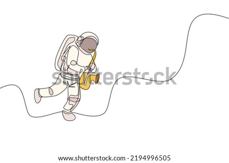 One continuous line drawing astronaut with spacesuit playing saxophone in galaxy universe. Outer space music concert and orchestra concept. Dynamic single line draw design graphic vector illustration