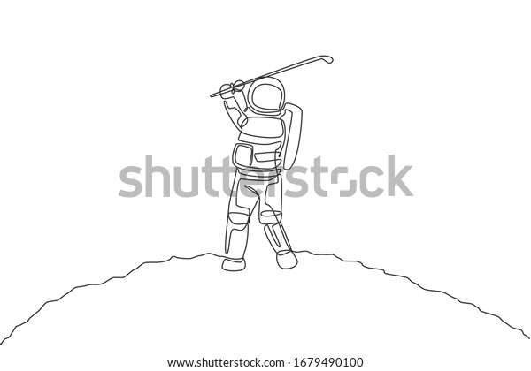 One\
continuous line drawing of astronaut golf training on moon surface,\
deep space galaxy. Spaceman healthy fitness sport concept. Dynamic\
single line draw design vector graphic\
illustration