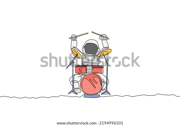 One\
continuous line drawing of astronaut drummer with spacesuit playing\
drum in moon surface. Outer space music concert concept. Dynamic\
single line draw design vector illustration\
graphic