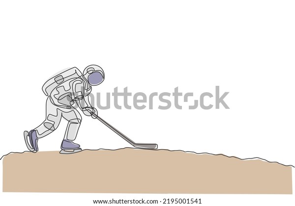 One continuous line drawing of astronaut\
training ice hockey on moon surface, deep space galaxy. Spaceman\
healthy fitness sport concept. Dynamic single line draw design\
graphic vector\
illustration