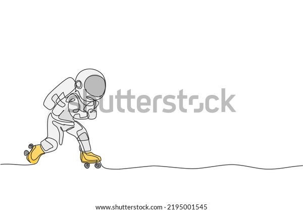 One continuous line drawing of astronaut\
using roller skates on moon surface, deep space galaxy. Spaceman\
healthy fitness sport concept. Dynamic single line draw design\
vector graphic\
illustration