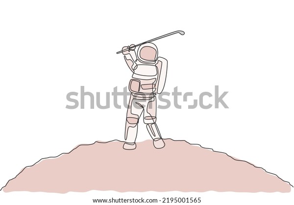 One\
continuous line drawing of astronaut golf training on moon surface,\
deep space galaxy. Spaceman healthy fitness sport concept. Dynamic\
single line draw design vector graphic\
illustration