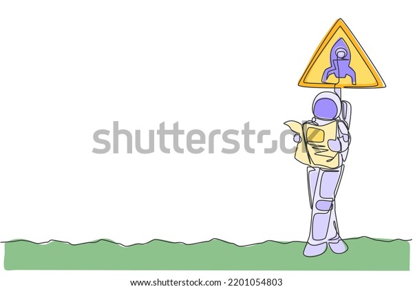 One continuous line drawing of astronaut\
standing and leaning to sign board while reading newspaper in moon\
surface. Space man deep space concept. Dynamic single line draw\
design vector illustration