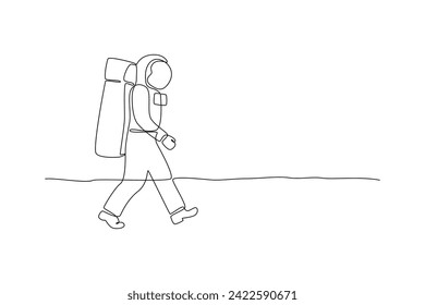 One continuous line drawing of astronauts are walking in space on an exploration mission. Outer space minimalist concept. Dynamic single line draw design vector graphic illustration
