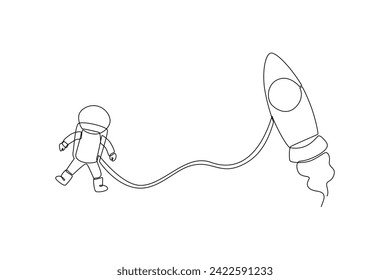 One continuous line drawing of astronauts land using rockets. Outer space minimalist concept. Dynamic single line draw design vector graphic illustration