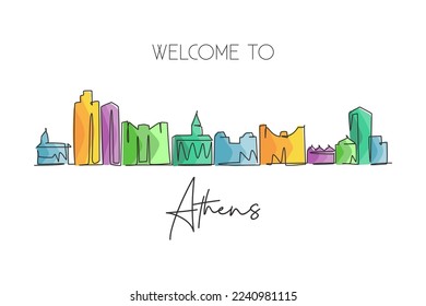 Un dibujo de línea continua del horizonte de Atenas, Georgia. Hermoso punto de referencia. Turismo paisajístico mundial viajes decoración de paredes interiores carteles arte de impresión. Diseño de dibujo de una sola línea ilustración vectorial