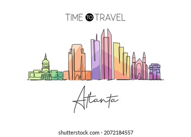 Un dibujo continuo de la ciudad de Atlanta, Estados Unidos. Hermoso punto de referencia. Turismo paisajístico mundial viajes vacaciones afiches decoración de paredes con motivos artísticos. Diseño de dibujos en línea única y elegante ilustración vectorial