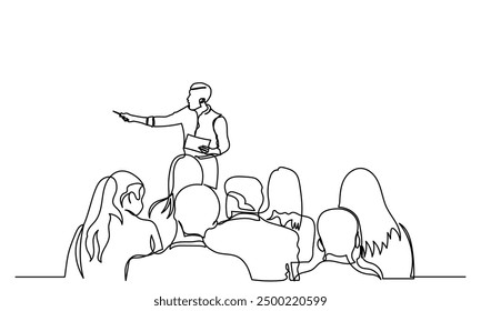 One continuous line drawing of the Audience in the conference hall. The public speaker talks and gives instructions in the conference hall. The public speaker in lectures, in front of the audience.