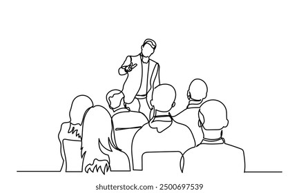 One continuous line drawing of the Audience in the conference hall. The public speaker talks and gives instructions in the conference hall. The public speaker in lectures, in front of the audience.