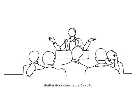 One continuous line drawing of the Audience in the conference hall. The public speaker talks and gives instructions in the conference hall. The public speaker in lectures, in front of the audience.