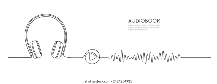 One continuous line drawing of audiobook concept. Listening and reading device web banner for education and podcasts in simple linear style. Editable stroke. Doodle vector illustration