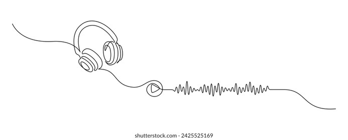 One continuous line drawing of audiobook concept. Listening and reading device web banner for education and podcasts in simple linear style. Editable stroke. Doodle outline vector illustration