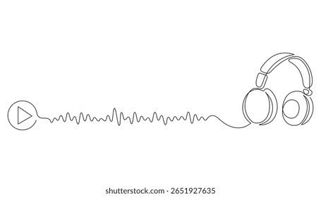 One continuous line drawing of audiobook concept. Headphones and book outline. Minimal vector for education, e-learning, podcasts. Editable stroke. Doodle linear illustration.
