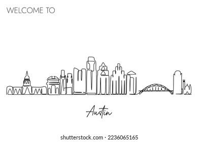 one continuous line drawing of Austin city skyline. Famous tourism destination in USA. Simple hand drawn style design for travel and tourism promotion campaign