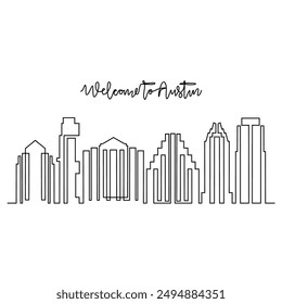 One continuous line drawing of Austin skyline vector illustration. Modern city in USA in simple linear style vector design concept. Big city in USA. Iconic architectural skyline building design.