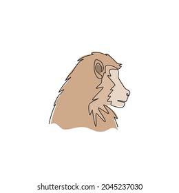 One continuous line drawing of baboon head for conservation jungle logo identity. Primate animal mascot concept for national park icon. Trendy single line draw graphic design vector illustration