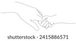 One continuous line drawing of baby kid hand holding mom dad parents hands. son daughter grab mommy daddy hand. family doodle outline art line vector illustration