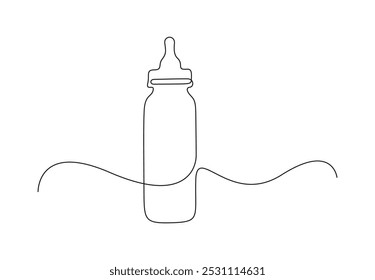 One continuous line drawing of baby feeding bottle and pacifier Baby milk bottle and pacifier outline vector illustration