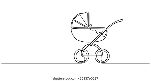 One Continuous Line Drawing of Baby Stroller Icon. Single Line Vector Illustration, Continuous One Line Drawing of a Baby Carriage - Minimalist Nursery Art Vector Illustration, Modern baby stroller.