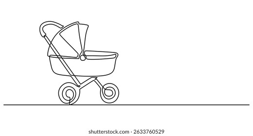 One Continuous Line Drawing of Baby Stroller Icon. Single Line Vector Illustration, Continuous One Line Drawing of a Baby Carriage - Minimalist Nursery Art Vector Illustration, Modern baby stroller.