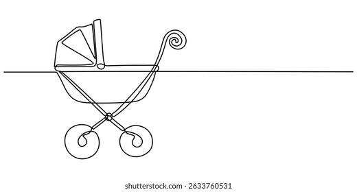 One Continuous Line Drawing of Baby Stroller Icon. Single Line Vector Illustration, Continuous One Line Drawing of a Baby Carriage - Minimalist Nursery Art Vector Illustration, Modern baby stroller.