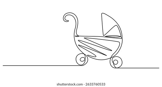 One Continuous Line Drawing of Baby Stroller Icon. Single Line Vector Illustration, Continuous One Line Drawing of a Baby Carriage - Minimalist Nursery Art Vector Illustration, Modern baby stroller.
