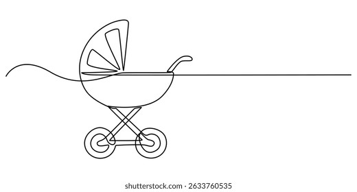 One Continuous Line Drawing of Baby Stroller Icon. Single Line Vector Illustration, Continuous One Line Drawing of a Baby Carriage - Minimalist Nursery Art Vector Illustration, Modern baby stroller.