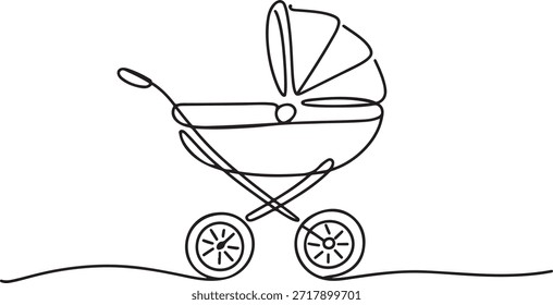 Un dibujo de línea continua de cochecito de bebé. Dibujo del esquema del carro de bebé, cochecito de estilo clásico para el paseo del invierno. Trazo editable. una línea Dibujo de iconos
