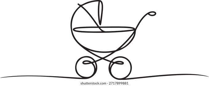 Un dibujo de línea continua de cochecito de bebé. Dibujo del esquema del carro de bebé, cochecito de estilo clásico para el paseo del invierno. Trazo editable. una línea Dibujo de iconos
