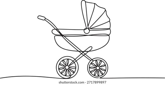 Un dibujo de línea continua de cochecito de bebé. Dibujo del esquema del carro de bebé, cochecito de estilo clásico para el paseo del invierno. Trazo editable. una línea Dibujo de iconos
