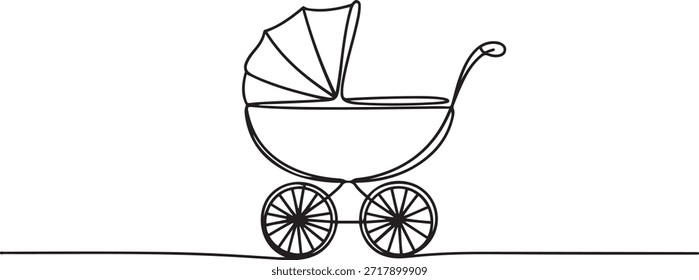 One continuous line drawing of baby stroller. Outline drawing of baby carriage, classic style pram for winter walk. Editable stroke. one line Icon drawing
