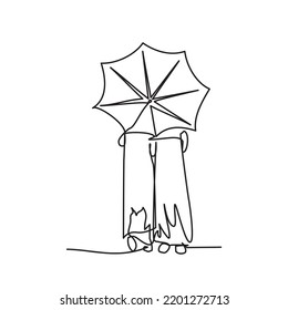 One continuous line drawing back view young Arabian couple man woman, girl and boy walking holding umbrella under rain. Romantic couple at rainy autumn weather. Simple line draw design graphic vector.