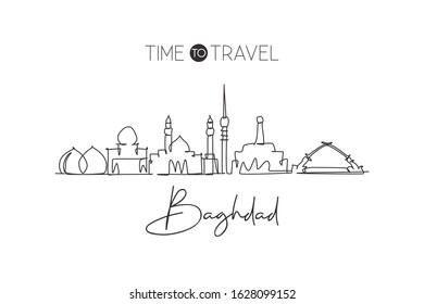 One continuous line drawing of Baghdad city skyline, Iraq. Beautiful city landmark. World landscape tourism and travel vacation. Editable stylish single line draw design vector graphic illustration