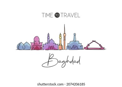 One Continuous Line Drawing Of Baghdad City Skyline, Iraq. Beautiful City Landmark. World Landscape Tourism And Travel Vacation. Editable Stylish Single Line Draw Design Vector Graphic Illustration