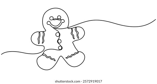 One continuous line drawing of baked gingerbread man, One solid line drawing of a gingerbread man, Christmas baking, vector illustration, Continuous line drawing of Gingerbread cookie christmas. 