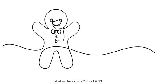 One continuous line drawing of baked gingerbread man, One solid line drawing of a gingerbread man, Christmas baking, vector illustration, Continuous line drawing of Gingerbread cookie christmas. 