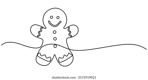 One continuous line drawing of baked gingerbread man, One solid line drawing of a gingerbread man, Christmas baking, vector illustration, Continuous line drawing of Gingerbread cookie christmas. 