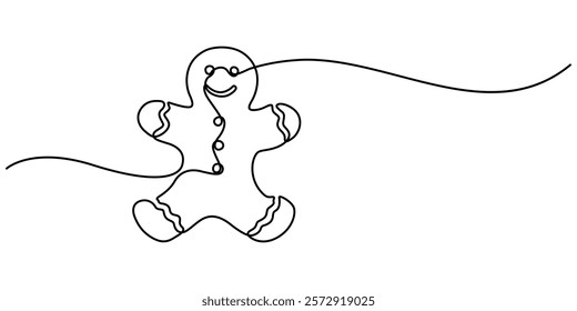 One continuous line drawing of baked gingerbread man, One solid line drawing of a gingerbread man, Christmas baking, vector illustration, Continuous line drawing of Gingerbread cookie christmas. 