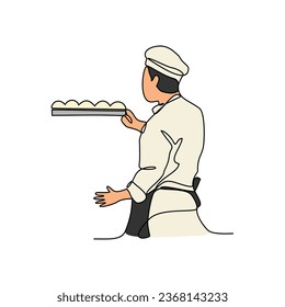 Eine durchgehende Zeichnung der Bäckerei mit weißem Hintergrund. Erstellen Sie Brot-Arbeitsaktivität Design in einfachem linearen Stil. Bäcker arbeitende Menschen Design Konzept Vektorgrafik.