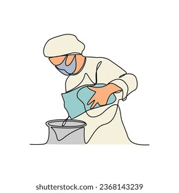 One continuous line drawing of baker working activity with white background. create bread working activity design in simple linear style. baker working people design concept vector illustration.