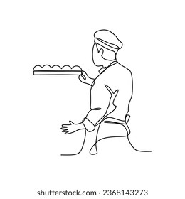 One continuous line drawing of baker working activity with white background. create bread working activity design in simple linear style. baker working people design concept vector illustration.