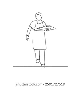 One continuous line drawing of a Baker is on duty vector design illustration. Baker in kitchen design illustration simple linear style vector concept. Baker illustration for your asset design.