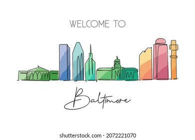 One continuous line drawing of Baltimore city skyline, USA. Beautiful landmark. World landscape tourism travel vacation poster art. Editable stylish stroke single line draw design vector illustration