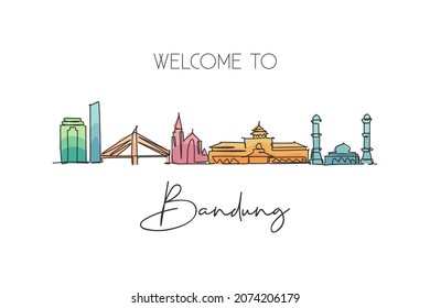 One continuous line drawing of Bandung city skyline, India. Beautiful city landmark. World landscape tourism and travel vacation. Editable stylish single line draw design graphic vector illustration
