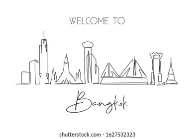 One continuous line drawing of Bangkok city skyline, Thailand. Beautiful landmark. World landscape tourism travel vacation poster. Editable stylish stroke single line draw design vector illustration