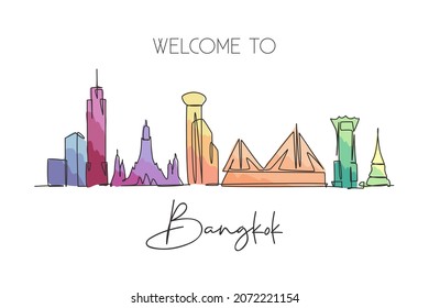 One continuous line drawing of Bangkok city skyline, Thailand. Beautiful landmark. World landscape tourism travel vacation poster. Editable stylish stroke single line draw design vector illustration